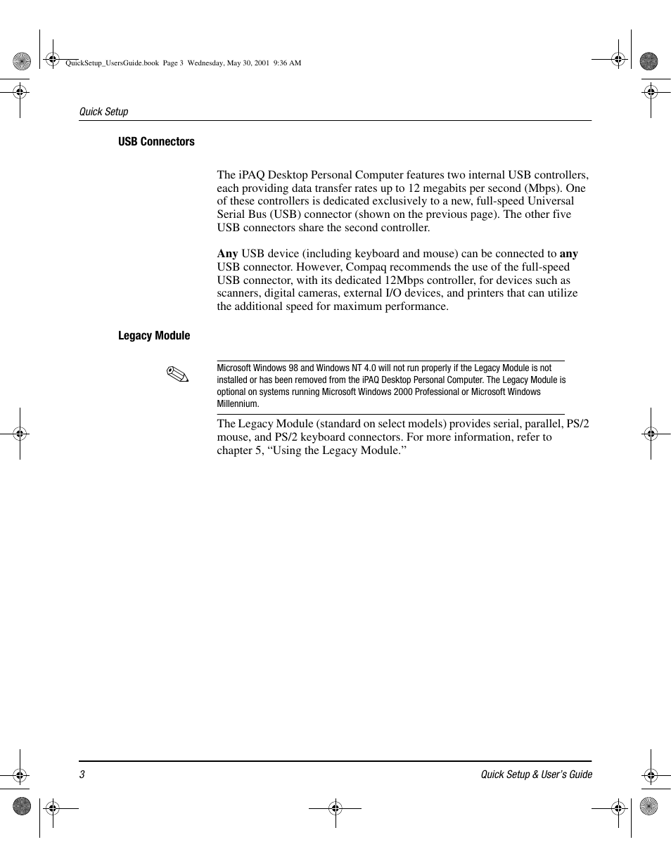 Usb connectors, Legacy module | Compaq iPAQ User Manual | Page 9 / 73
