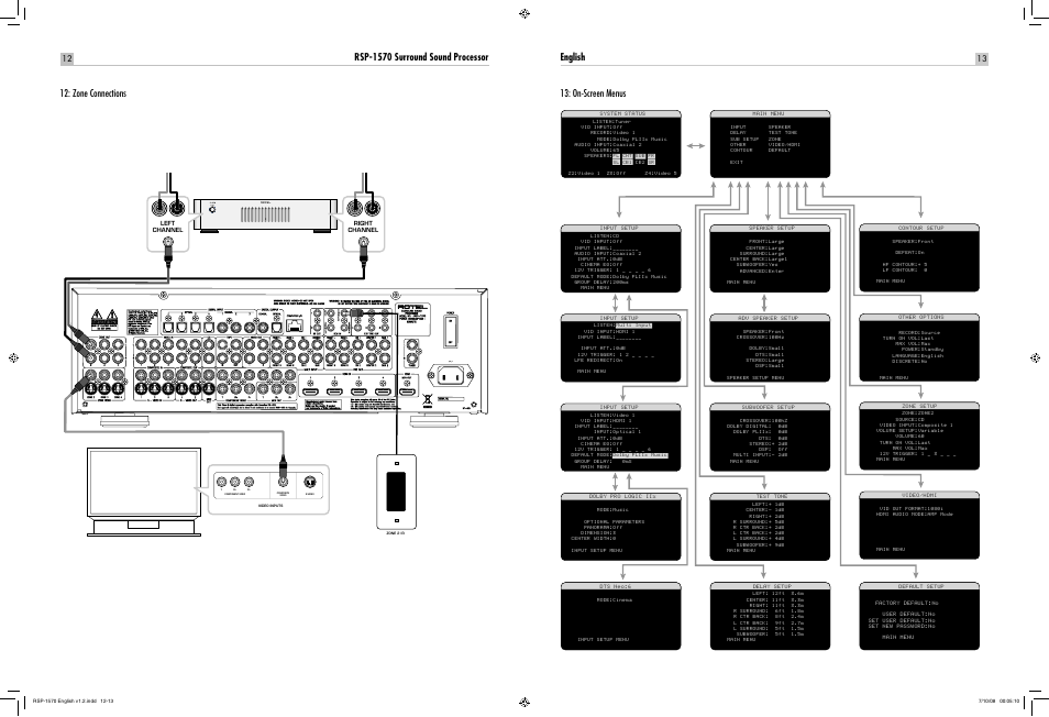 English rsp-1570 surround sound processor, On-screen menus 12: zone connections | ROTEL RSP-1570 User Manual | Page 13 / 50