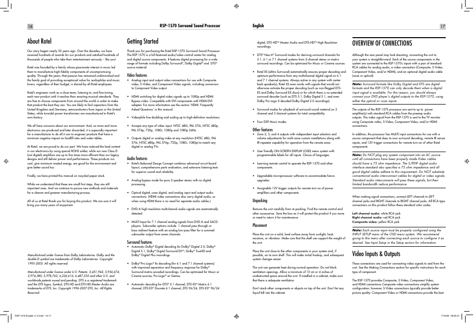 About rotel, Getting started, Overview of connections | Video inputs & outputs | ROTEL RSP-1570 User Manual | Page 17 / 50