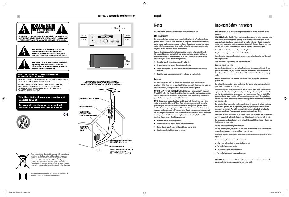 Rsp-1069), Notice, Important safety instructions | ROTEL RSP-1570 User Manual | Page 2 / 50