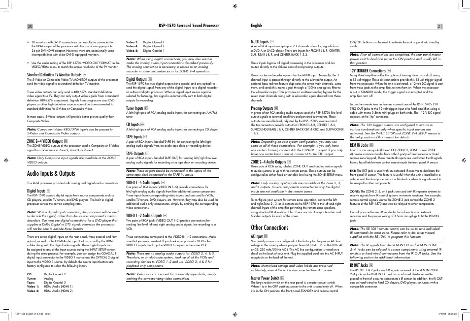 Audio inputs & outputs, Other connections | ROTEL RSP-1570 User Manual | Page 20 / 50