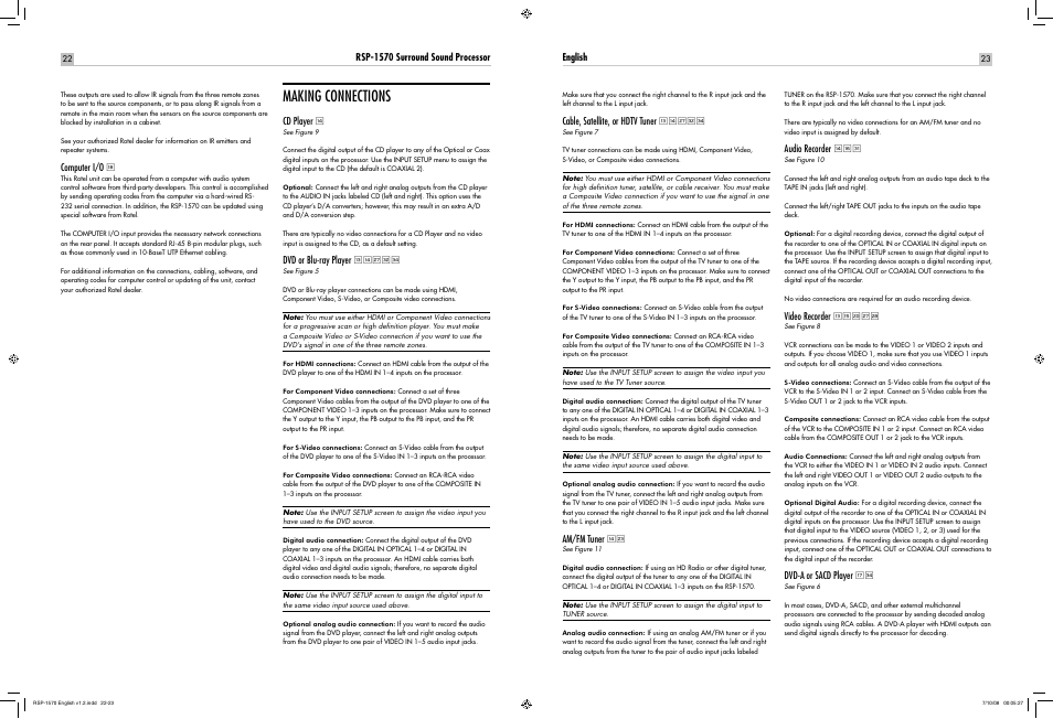 Making connections | ROTEL RSP-1570 User Manual | Page 22 / 50