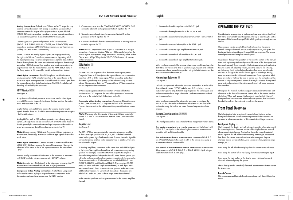 Operating the rsp-1570, Front panel overview | ROTEL RSP-1570 User Manual | Page 24 / 50