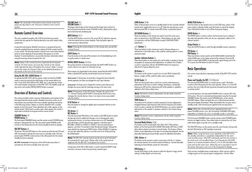 Remote control overview, Overview of buttons and controls, Basic operations | ROTEL RSP-1570 User Manual | Page 26 / 50