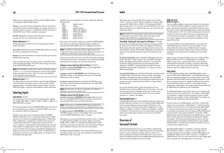 Selecting inputs, Overview of surround formats | ROTEL RSP-1570 User Manual | Page 29 / 50