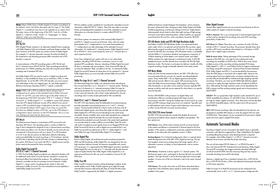 Automatic surround modes | ROTEL RSP-1570 User Manual | Page 31 / 50