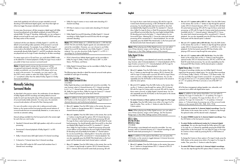 Manually selecting surround modes | ROTEL RSP-1570 User Manual | Page 32 / 50