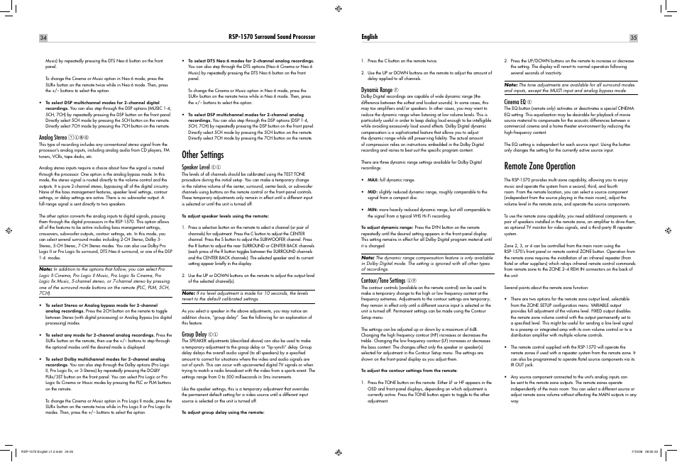 Other settings, Remote zone operation | ROTEL RSP-1570 User Manual | Page 35 / 50