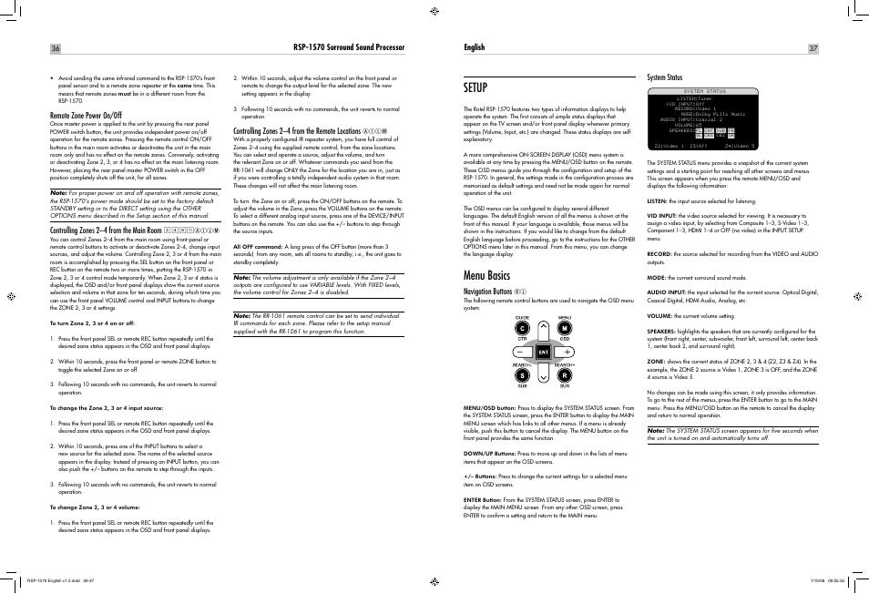 Setup, Menu basics | ROTEL RSP-1570 User Manual | Page 37 / 50