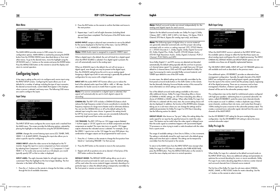 Conﬁguring inputs | ROTEL RSP-1570 User Manual | Page 38 / 50