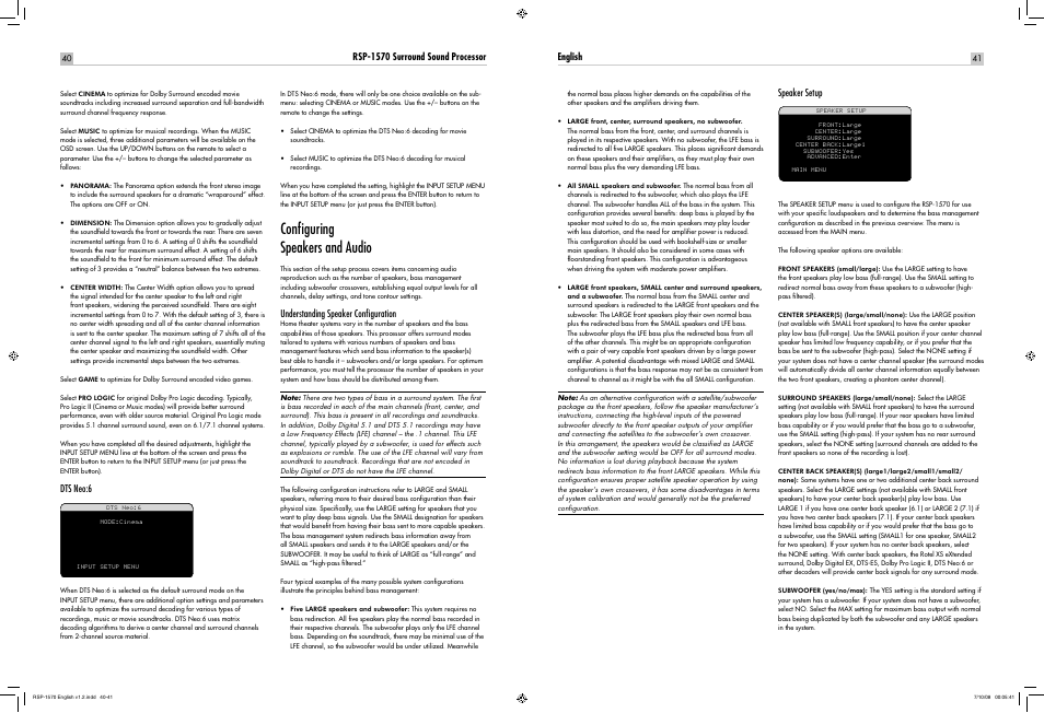 Conﬁguring speakers and audio | ROTEL RSP-1570 User Manual | Page 40 / 50