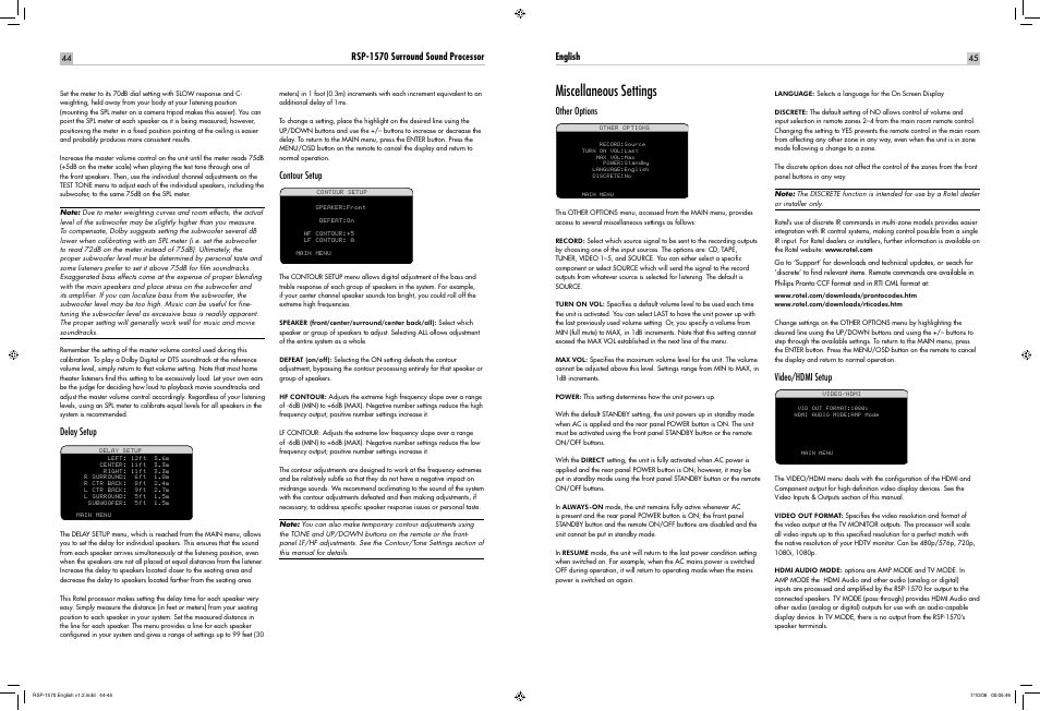 Miscellaneous settings | ROTEL RSP-1570 User Manual | Page 44 / 50