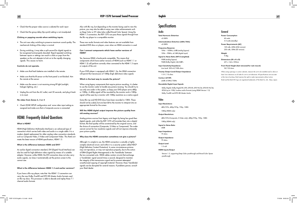 Hdmi: frequently asked questions, Speciﬁcations | ROTEL RSP-1570 User Manual | Page 48 / 50