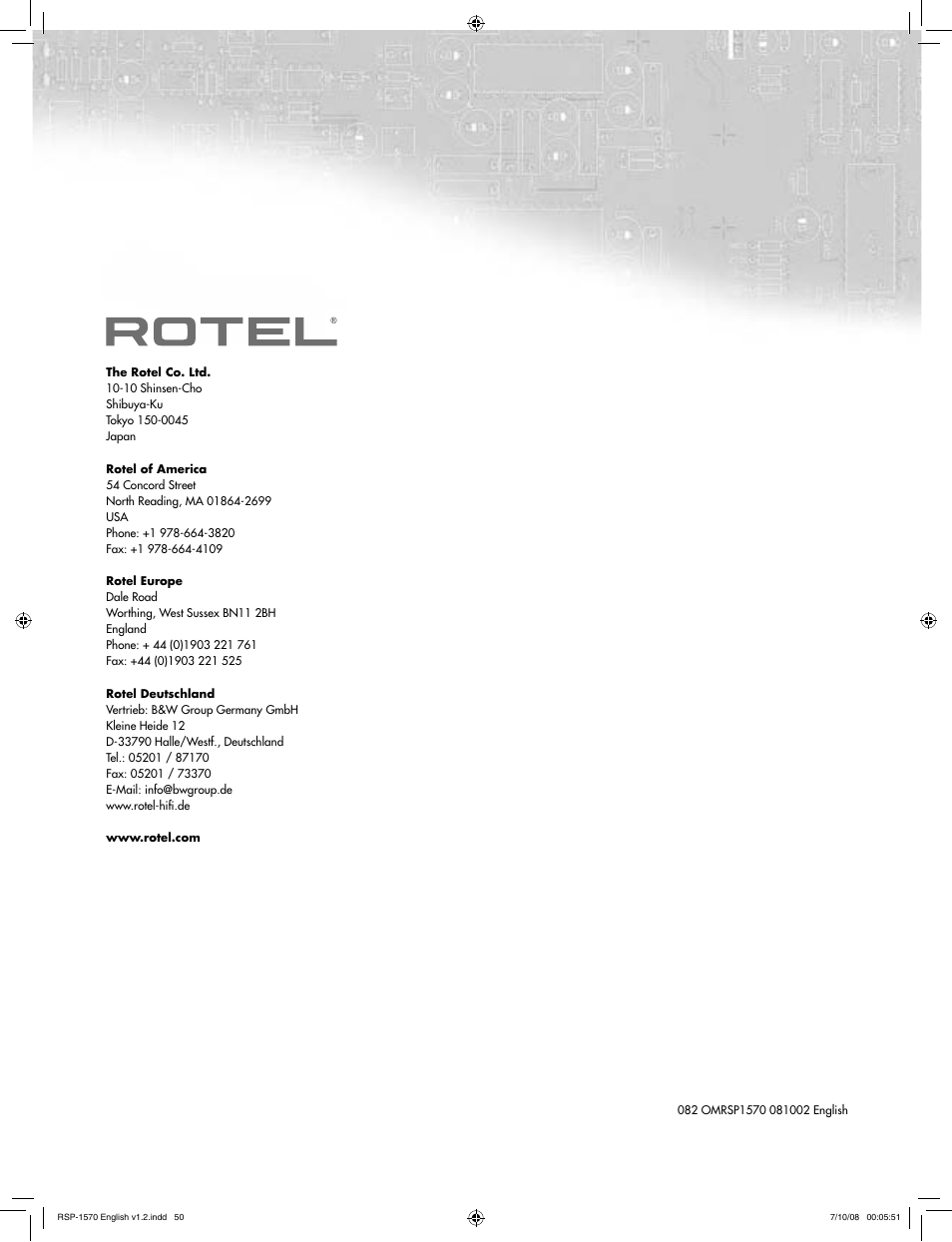 ROTEL RSP-1570 User Manual | Page 50 / 50