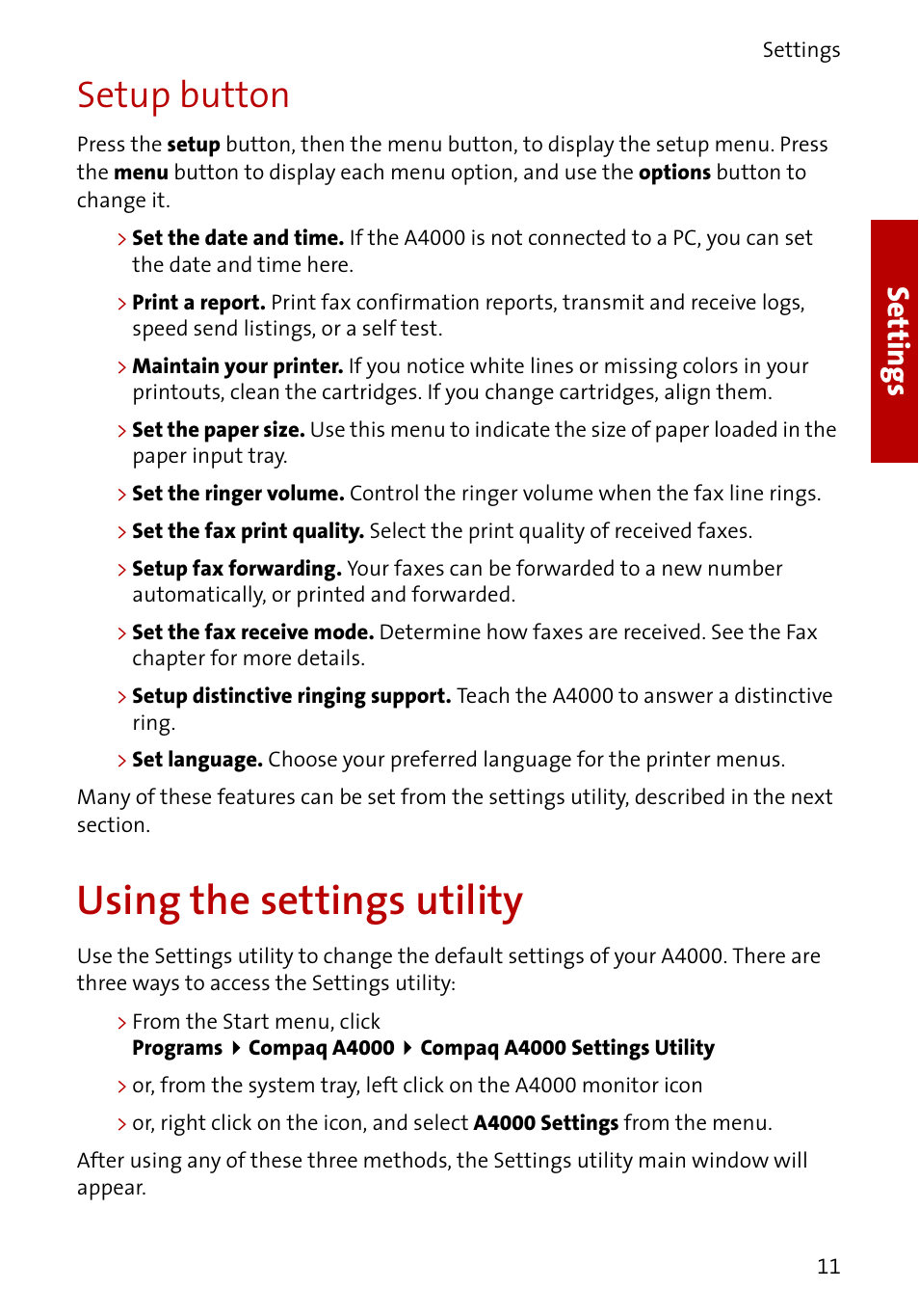Using the settings utility, Setup button, Settings | Compaq A4000 User Manual | Page 13 / 44