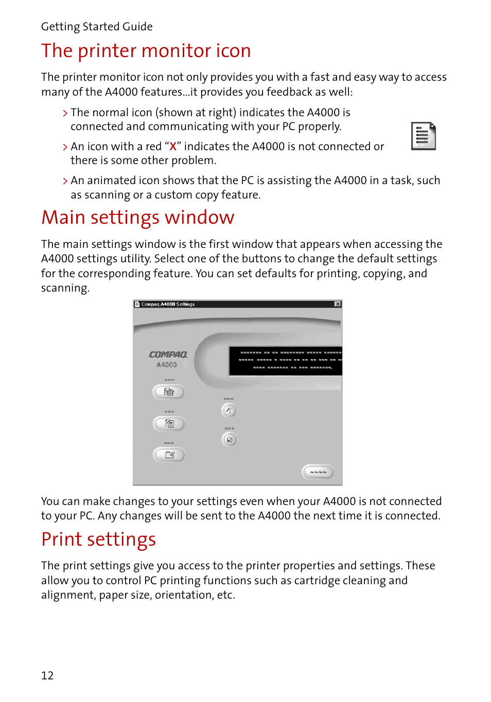The printer monitor icon, Main settings window, Print settings | Compaq A4000 User Manual | Page 14 / 44