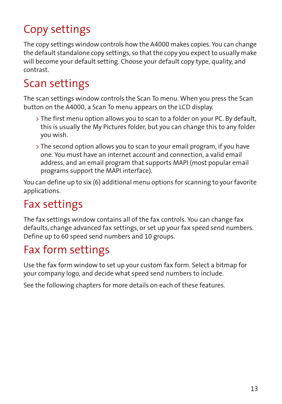 Copy settings, Scan settings, Fax settings | Fax form settings | Compaq A4000 User Manual | Page 15 / 44