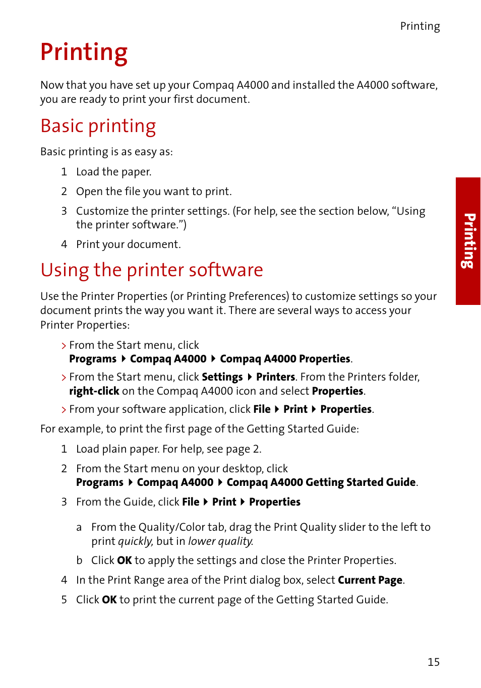 Printing, Basic printing, Using the printer software | Prin ting | Compaq A4000 User Manual | Page 17 / 44