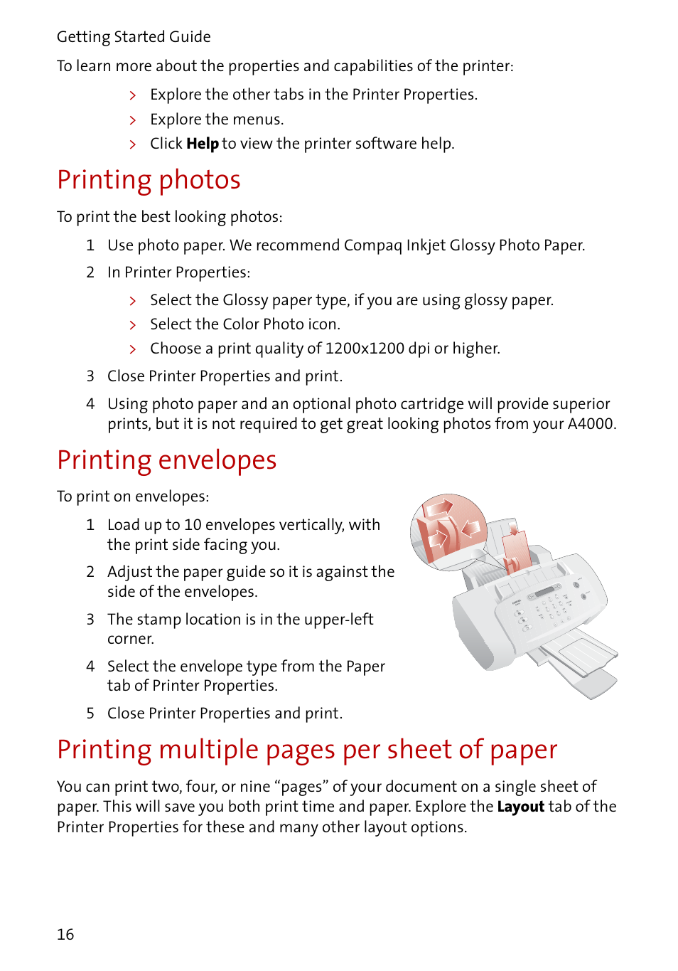 Printing photos, Printing envelopes, Printing multiple pages per sheet of paper | Compaq A4000 User Manual | Page 18 / 44