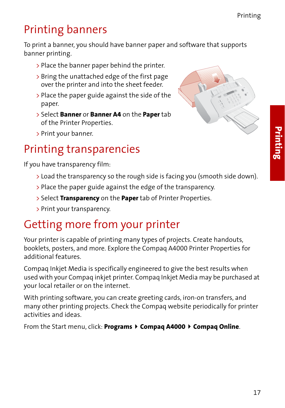 Printing banners, Printing transparencies, Getting more from your printer | Prin ting | Compaq A4000 User Manual | Page 19 / 44
