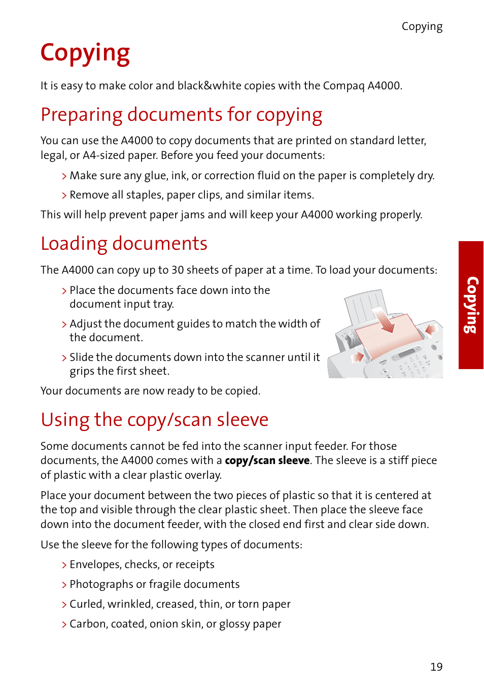 Copying, Preparing documents for copying, Loading documents | Using the copy/scan sleeve, Co p y in g | Compaq A4000 User Manual | Page 21 / 44