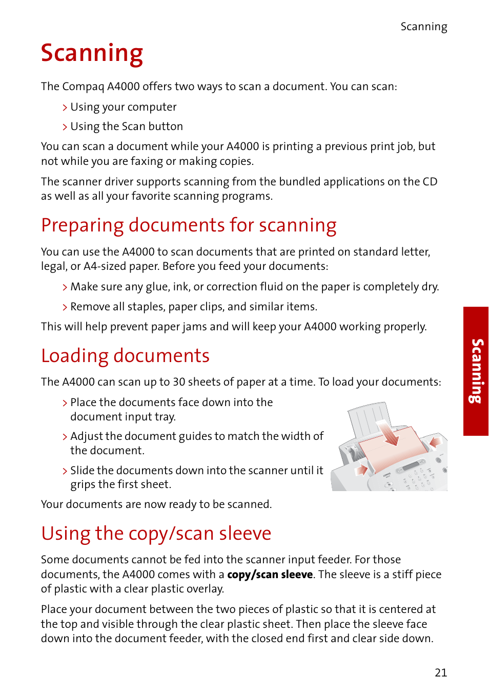 Preparing documents for scanning, Loading documents, Using the copy/scan sleeve | Scanning | Compaq A4000 User Manual | Page 23 / 44