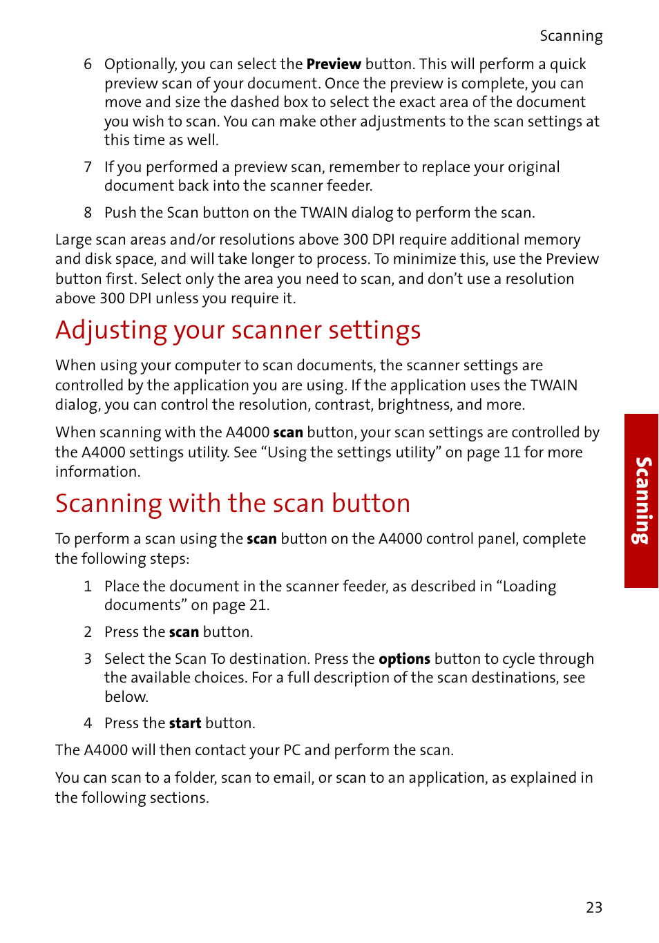 Adjusting your scanner settings, Scanning with the scan button, Scanning | Compaq A4000 User Manual | Page 25 / 44