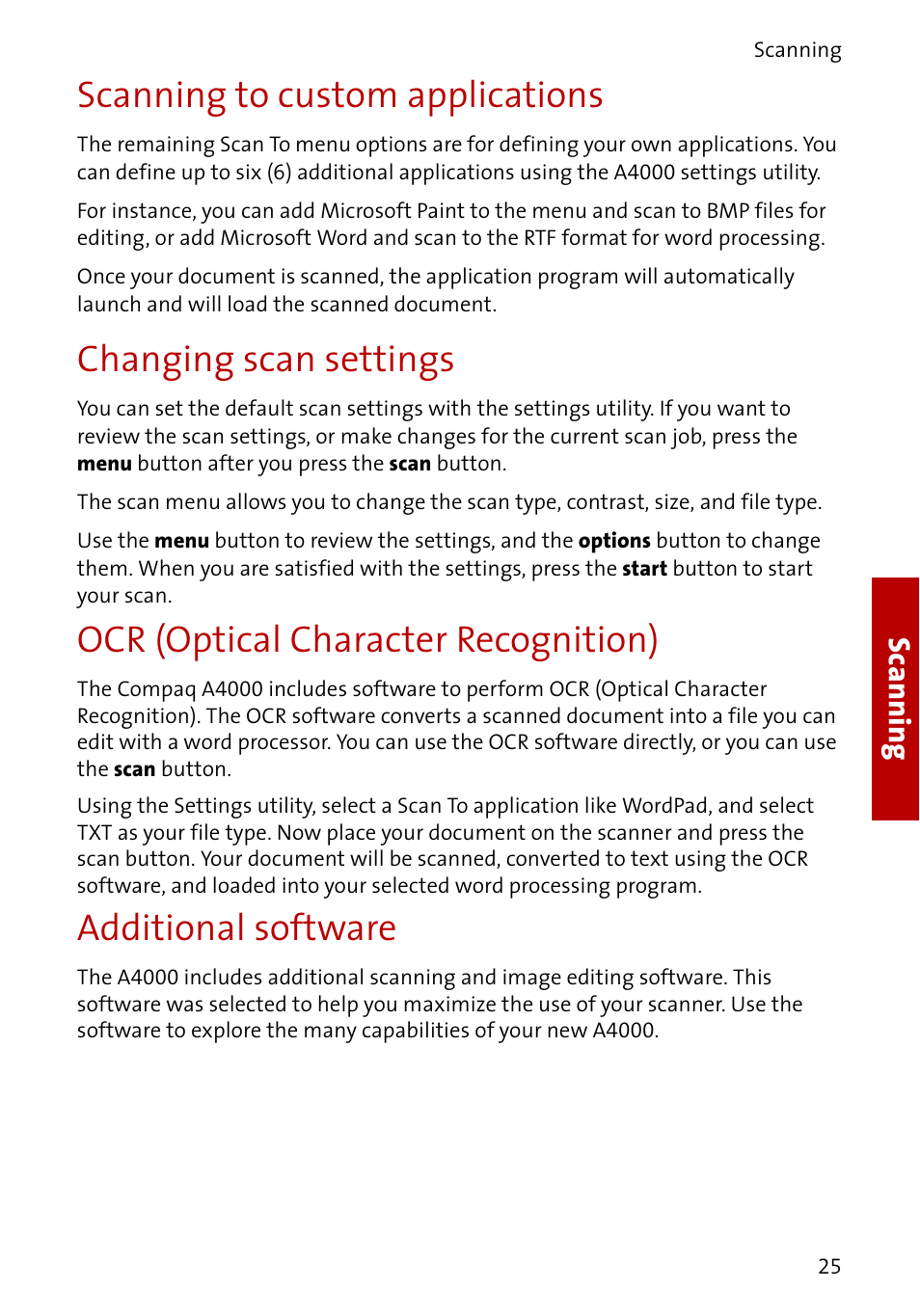 Scanning to custom applications, Changing scan settings, Ocr (optical character recognition) | Additional software, Scanning | Compaq A4000 User Manual | Page 27 / 44