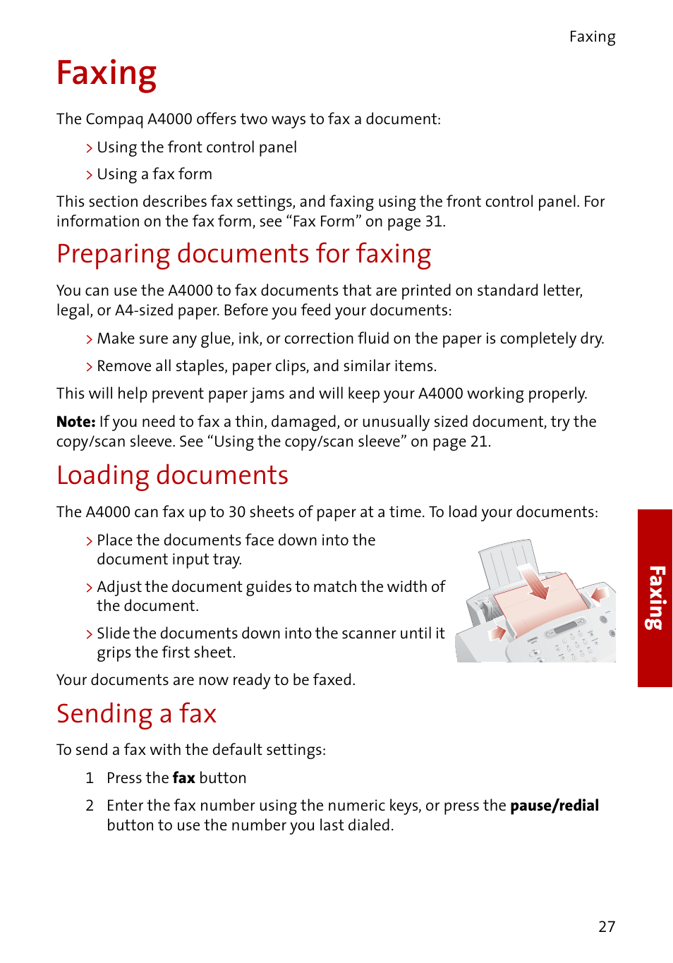 Faxing, Preparing documents for faxing, Loading documents | Sending a fax, Fa x in g | Compaq A4000 User Manual | Page 29 / 44