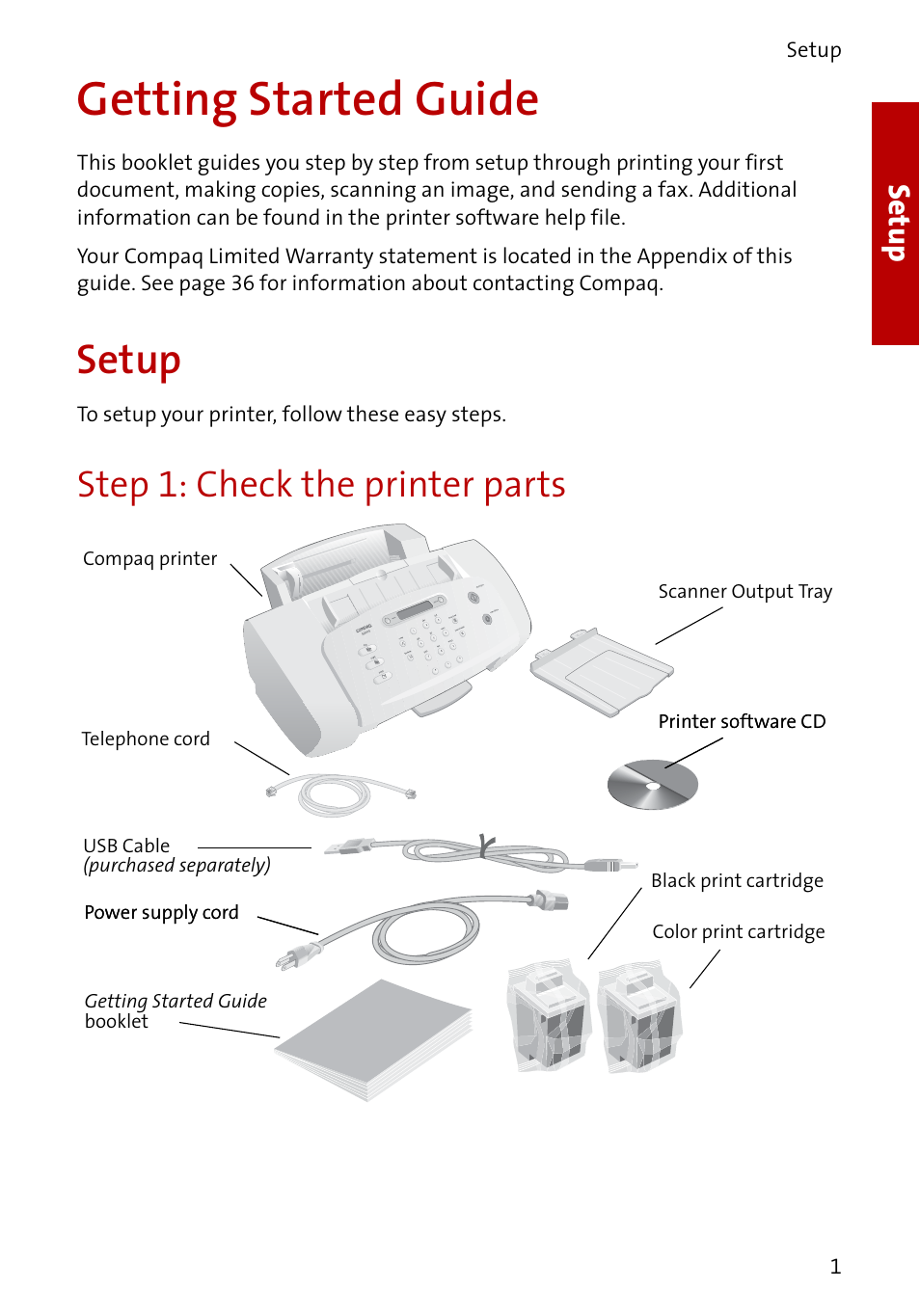 Getting started guide, Step 1: check the printer parts, Setup | Compaq A4000 User Manual | Page 3 / 44