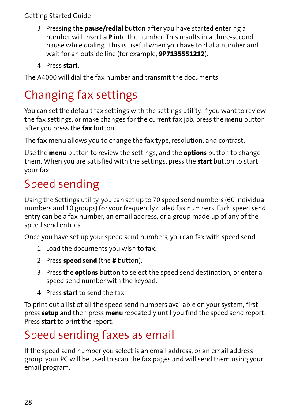 Changing fax settings, Speed sending, Speed sending faxes as email | Compaq A4000 User Manual | Page 30 / 44