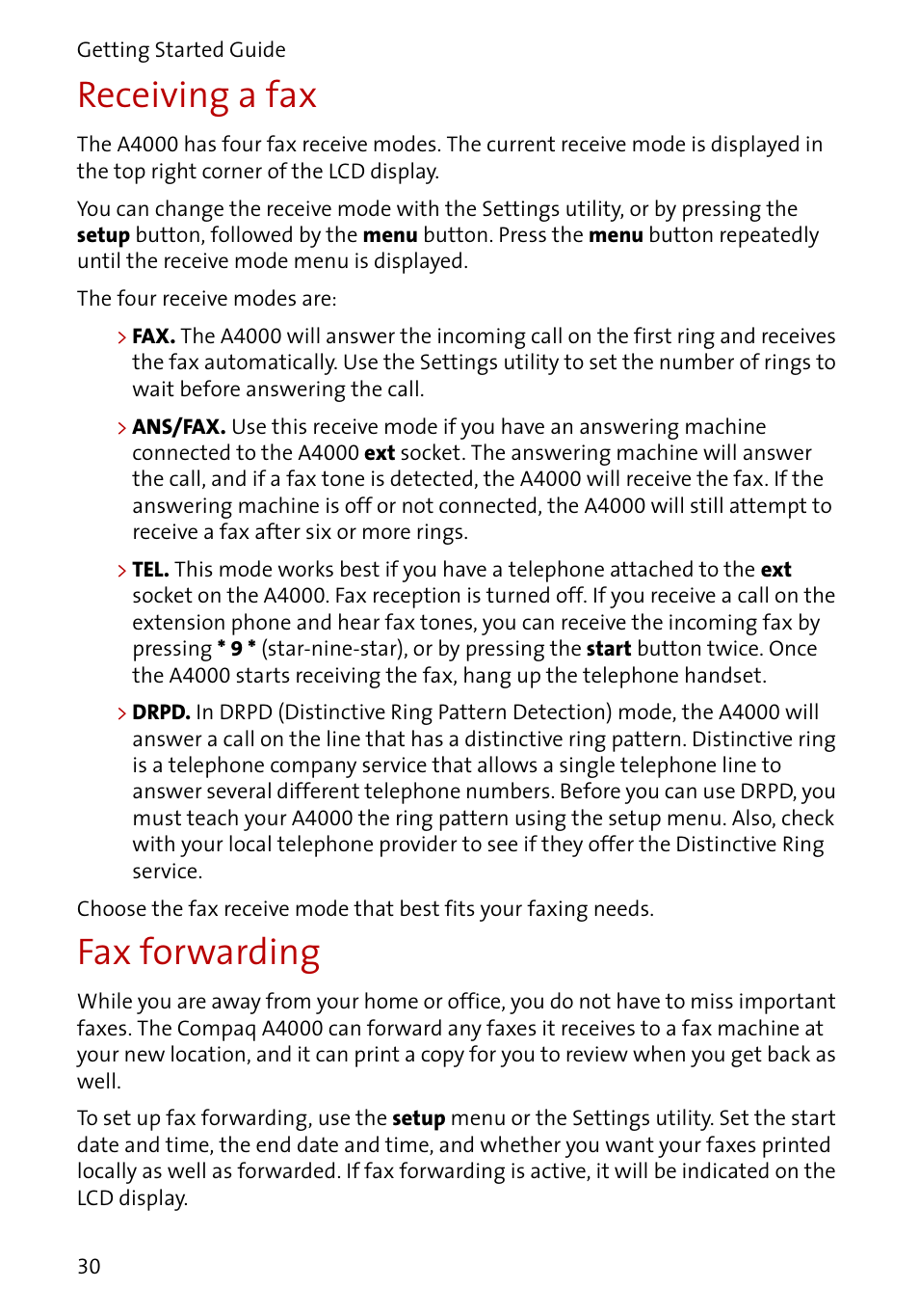 Receiving a fax, Fax forwarding | Compaq A4000 User Manual | Page 32 / 44