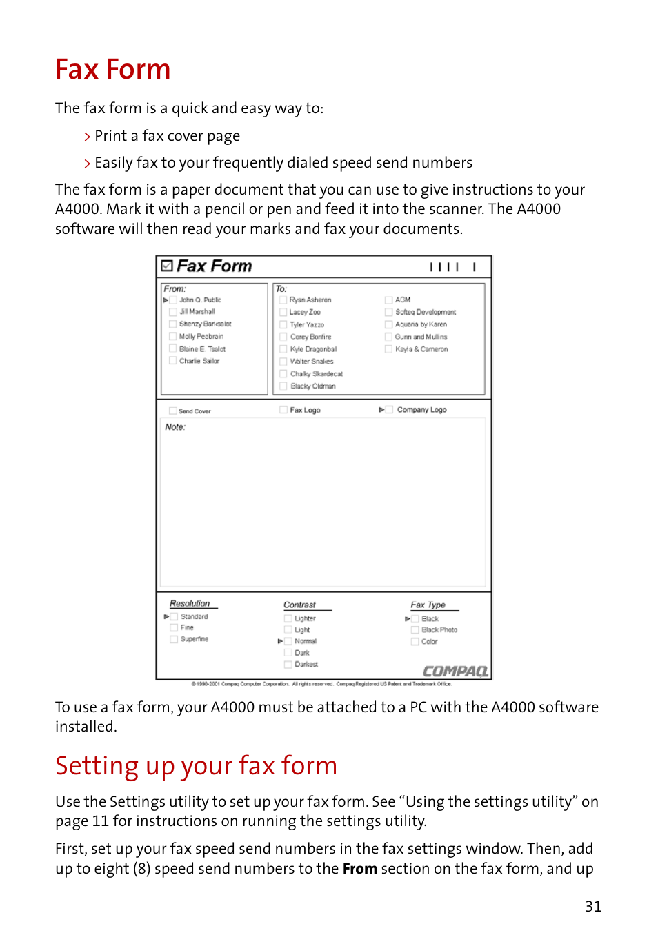 Fax form, Setting up your fax form | Compaq A4000 User Manual | Page 33 / 44