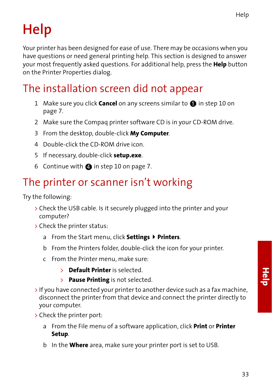 The installation screen did not appear, The printer or scanner isn’t working, Help | Compaq A4000 User Manual | Page 35 / 44