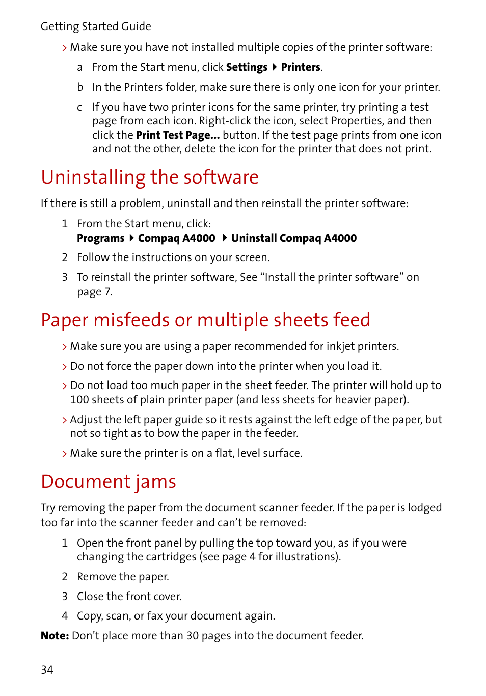 Uninstalling the software, Paper misfeeds or multiple sheets feed, Document jams | Compaq A4000 User Manual | Page 36 / 44