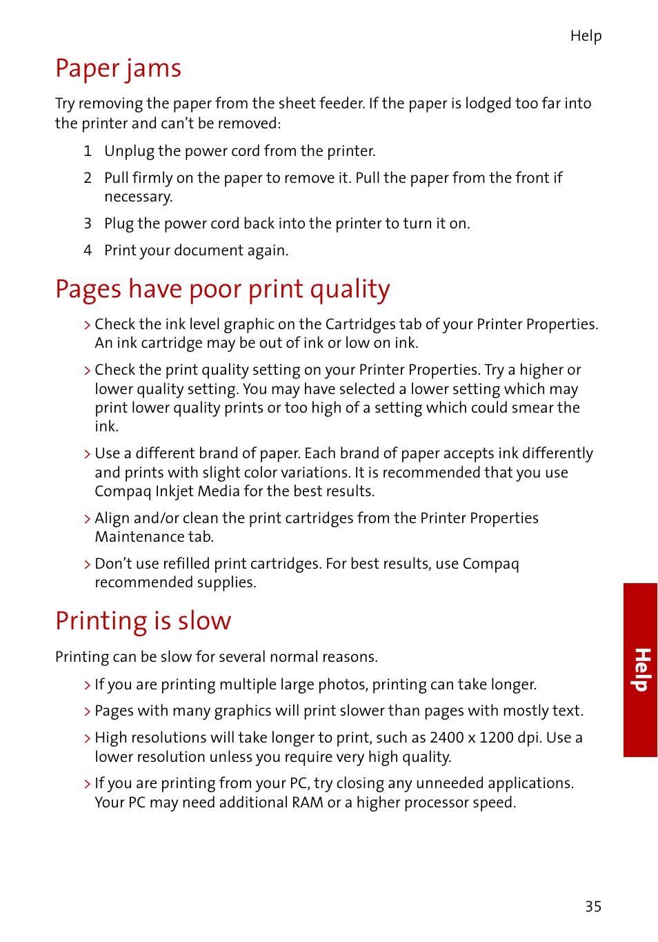 Paper jams, Pages have poor print quality, Printing is slow | Help | Compaq A4000 User Manual | Page 37 / 44