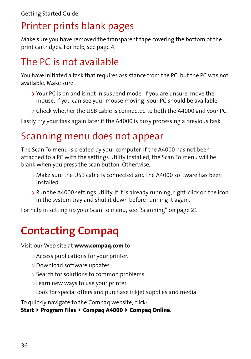 Contacting compaq, Printer prints blank pages, The pc is not available | Scanning menu does not appear | Compaq A4000 User Manual | Page 38 / 44