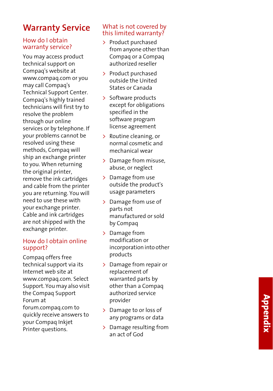 Appendix warranty service | Compaq A4000 User Manual | Page 39 / 44