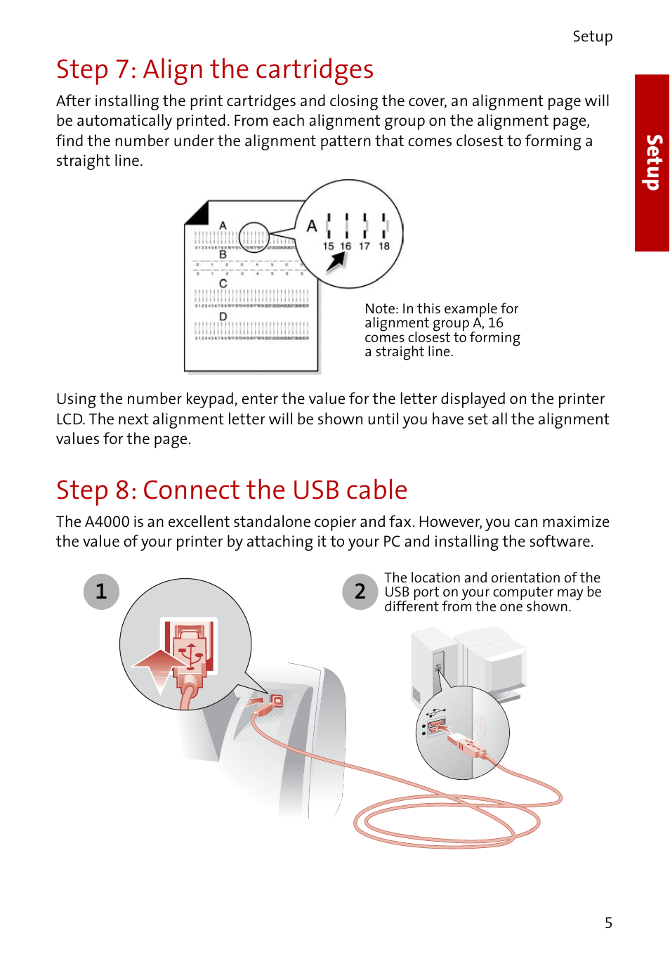 Step 7: align the cartridges, Step 8: connect the usb cable, Setup | Compaq A4000 User Manual | Page 7 / 44
