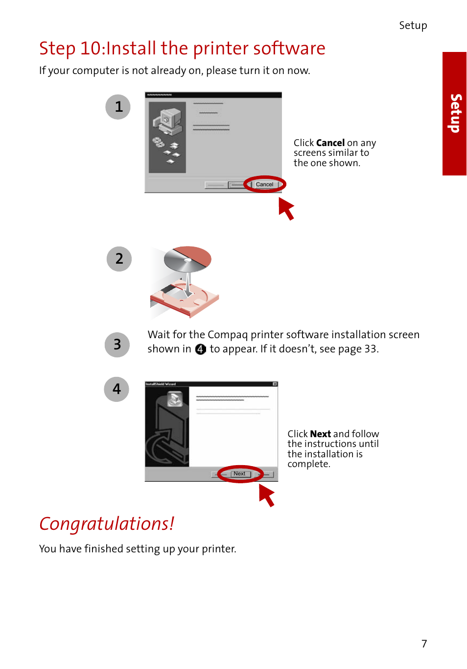 Step 10:install the printer software, Setup | Compaq A4000 User Manual | Page 9 / 44
