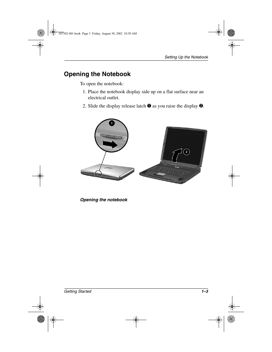 Opening the notebook, Opening the notebook –3 | Compaq 307502-001 User Manual | Page 10 / 48