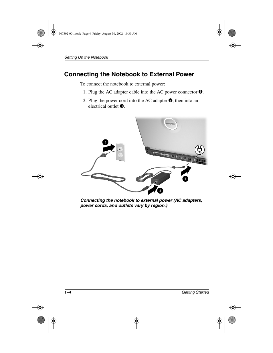Connecting the notebook to external power, Connecting the notebook to external power –4 | Compaq 307502-001 User Manual | Page 11 / 48