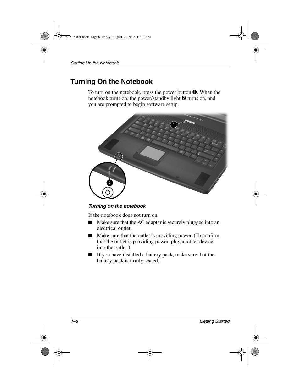 Turning on the notebook, Turning on the notebook –6 | Compaq 307502-001 User Manual | Page 13 / 48