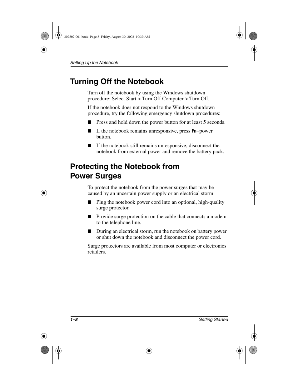 Turning off the notebook, Protecting the notebook from power surges | Compaq 307502-001 User Manual | Page 15 / 48