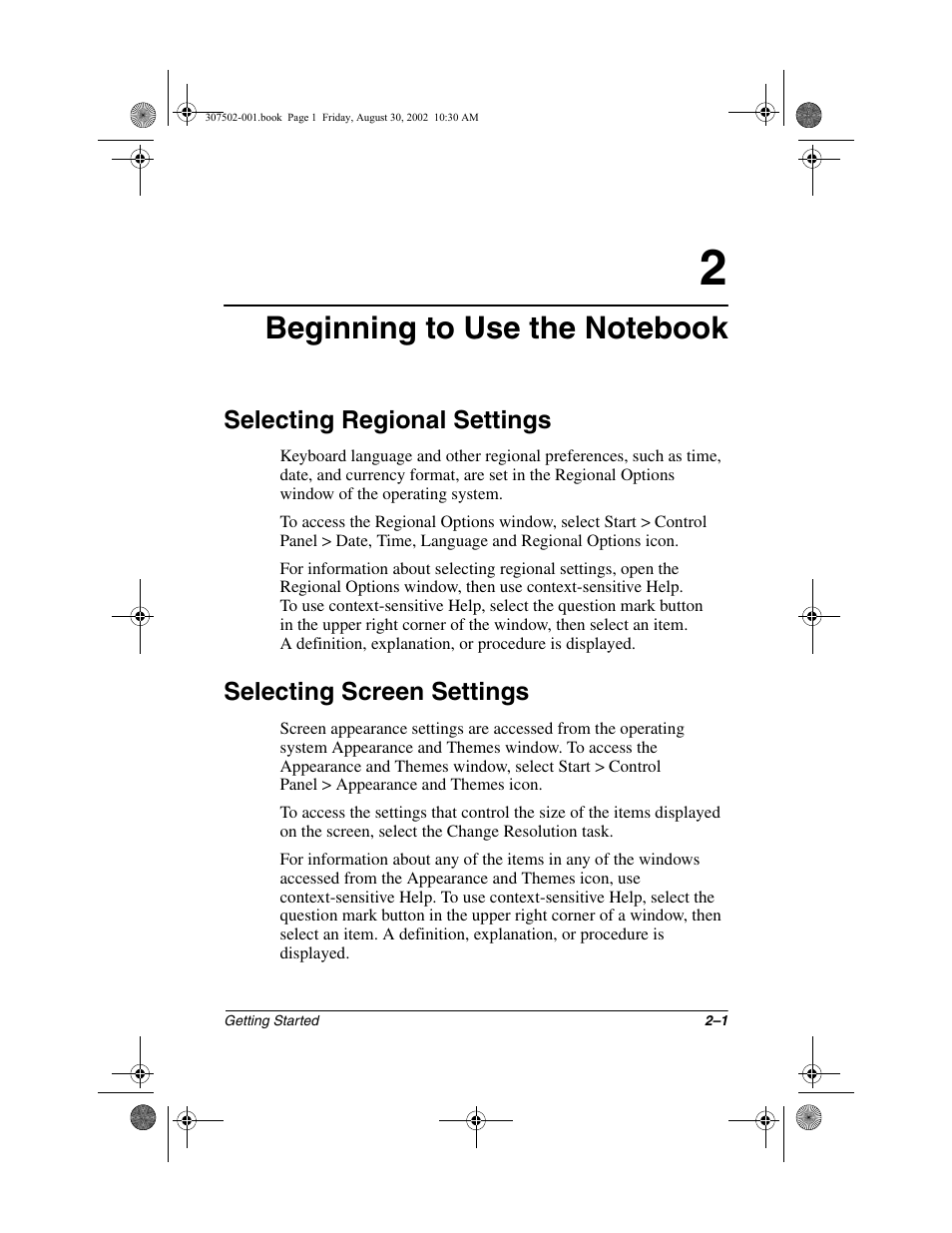 Beginning to use the notebook, Selecting regional settings, Selecting screen settings | Compaq 307502-001 User Manual | Page 17 / 48