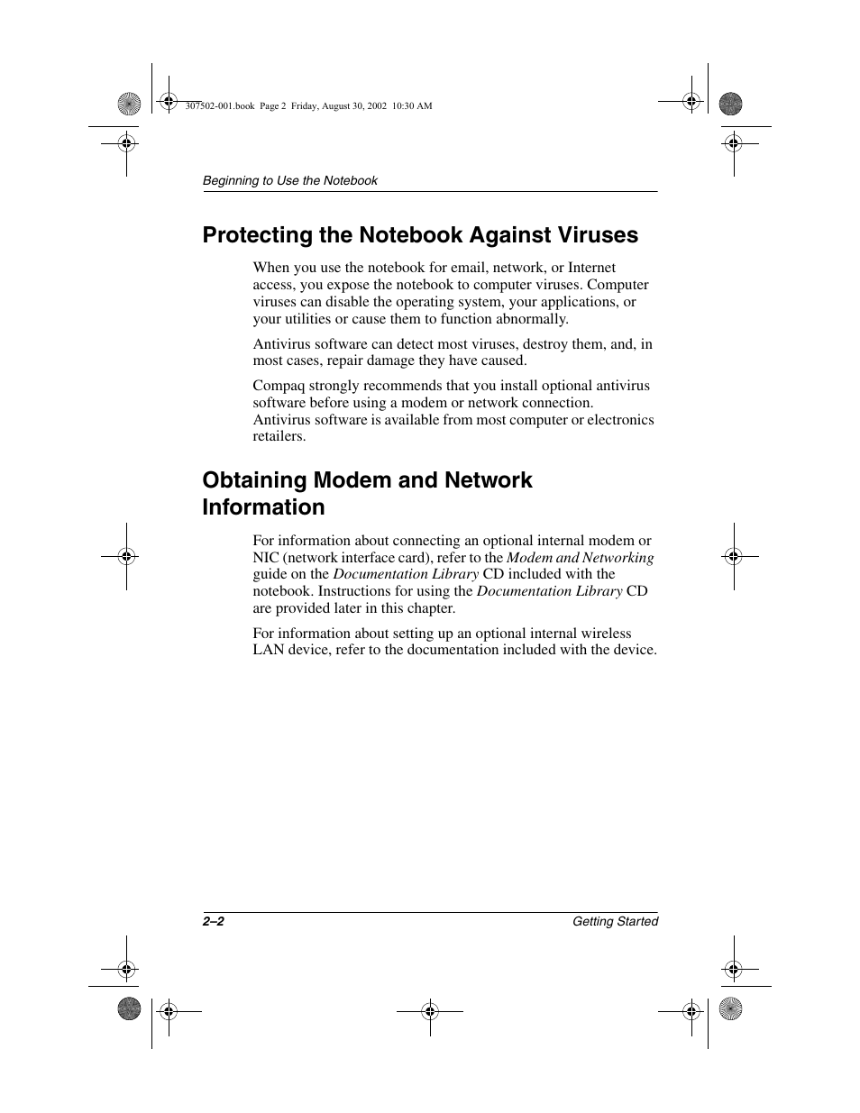 Protecting the notebook against viruses, Obtaining modem and network information | Compaq 307502-001 User Manual | Page 18 / 48