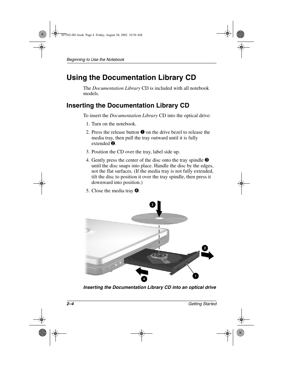 Using the documentation library cd, Inserting the documentation library cd, Using the documentation library cd –4 | Inserting the documentation library cd –4 | Compaq 307502-001 User Manual | Page 20 / 48