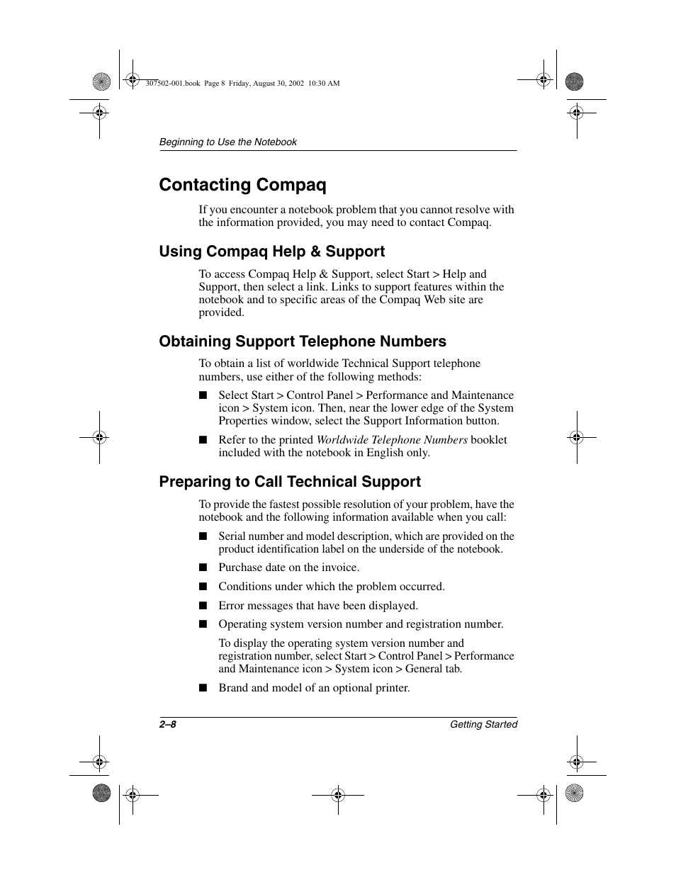 Contacting compaq, Using compaq help & support, Obtaining support telephone numbers | Preparing to call technical support, Contacting compaq –8 | Compaq 307502-001 User Manual | Page 24 / 48