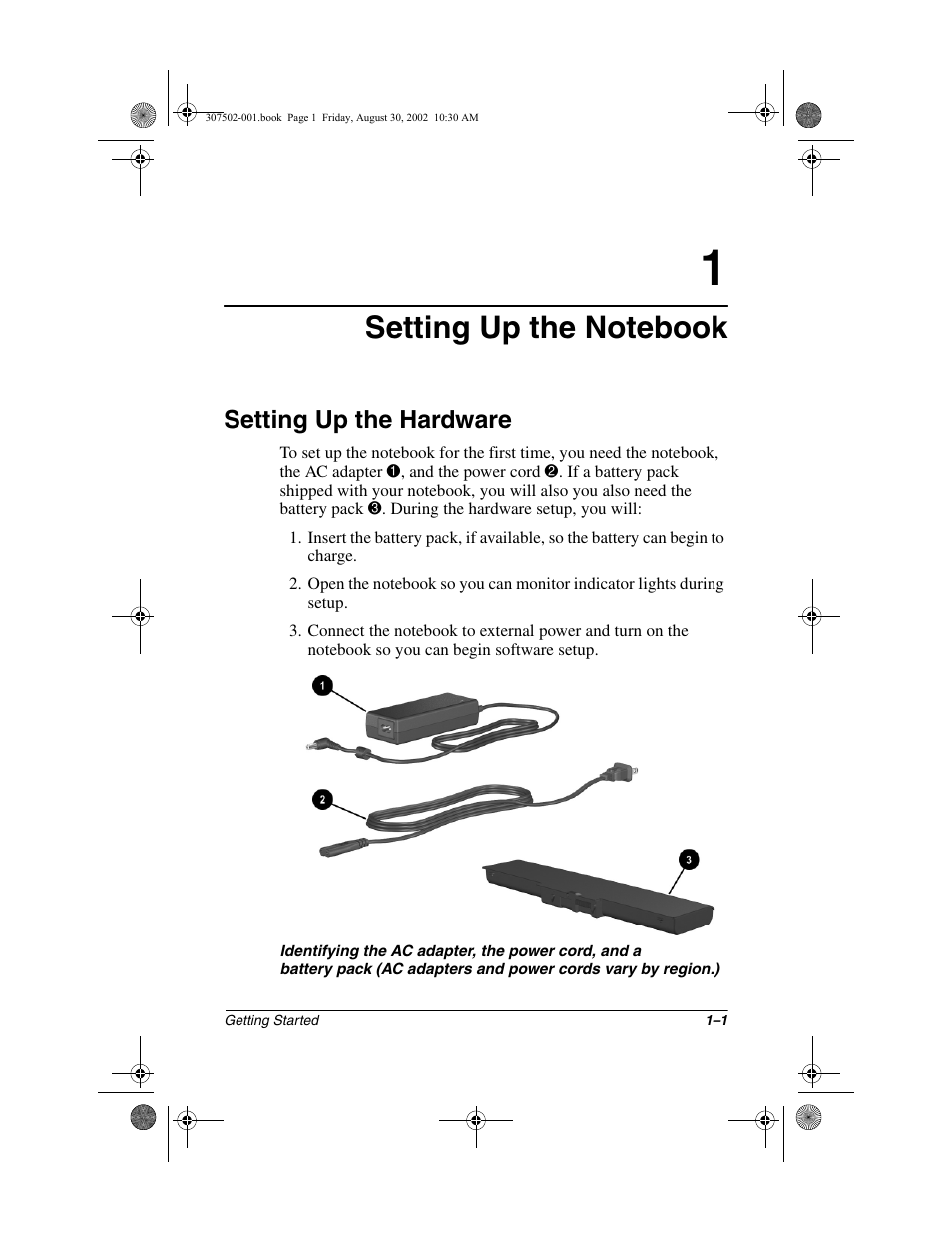 Setting up the notebook, Setting up the hardware, Setting up the hardware –1 | Compaq 307502-001 User Manual | Page 8 / 48
