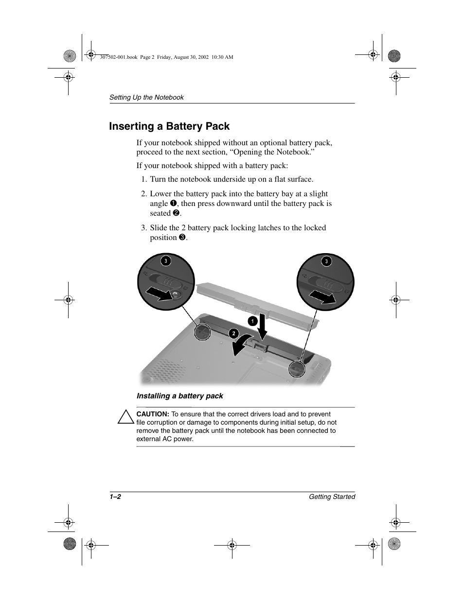Inserting a battery pack, Inserting a battery pack –2 | Compaq 307502-001 User Manual | Page 9 / 48
